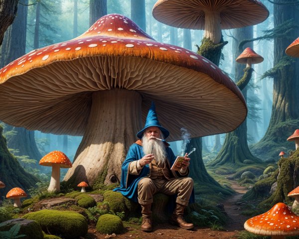 Whimsical Forest Scene with Wizard and Mushrooms