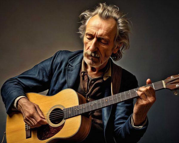 Elderly man playing acoustic guitar in dim light
