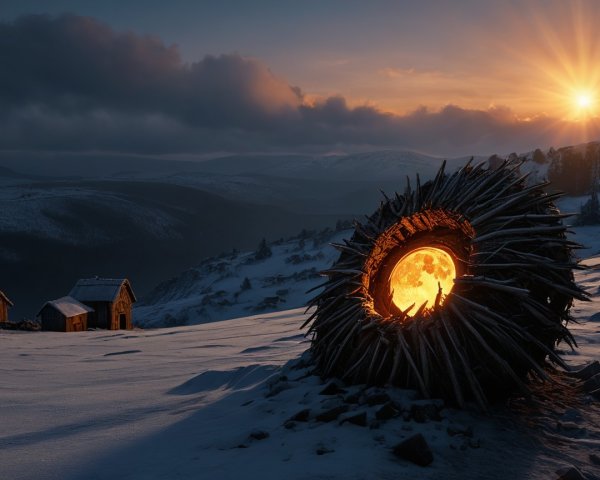 Winter Landscape with Nest Structure and Mountain Sunrise