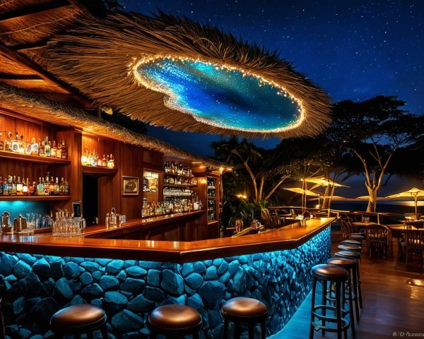 Tropical Bar at Night with Serene Atmosphere