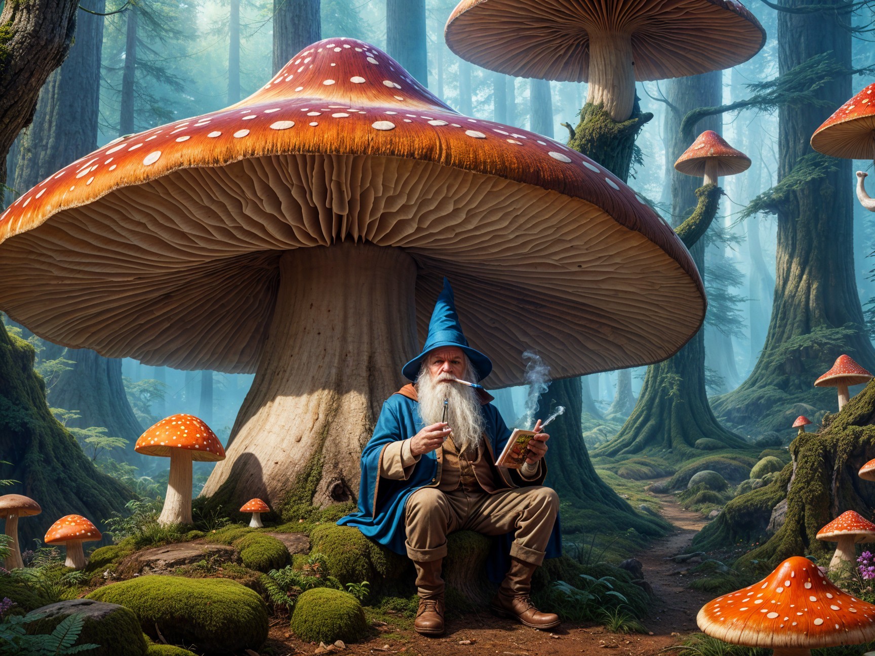 Whimsical Forest Scene with Wizard and Mushrooms