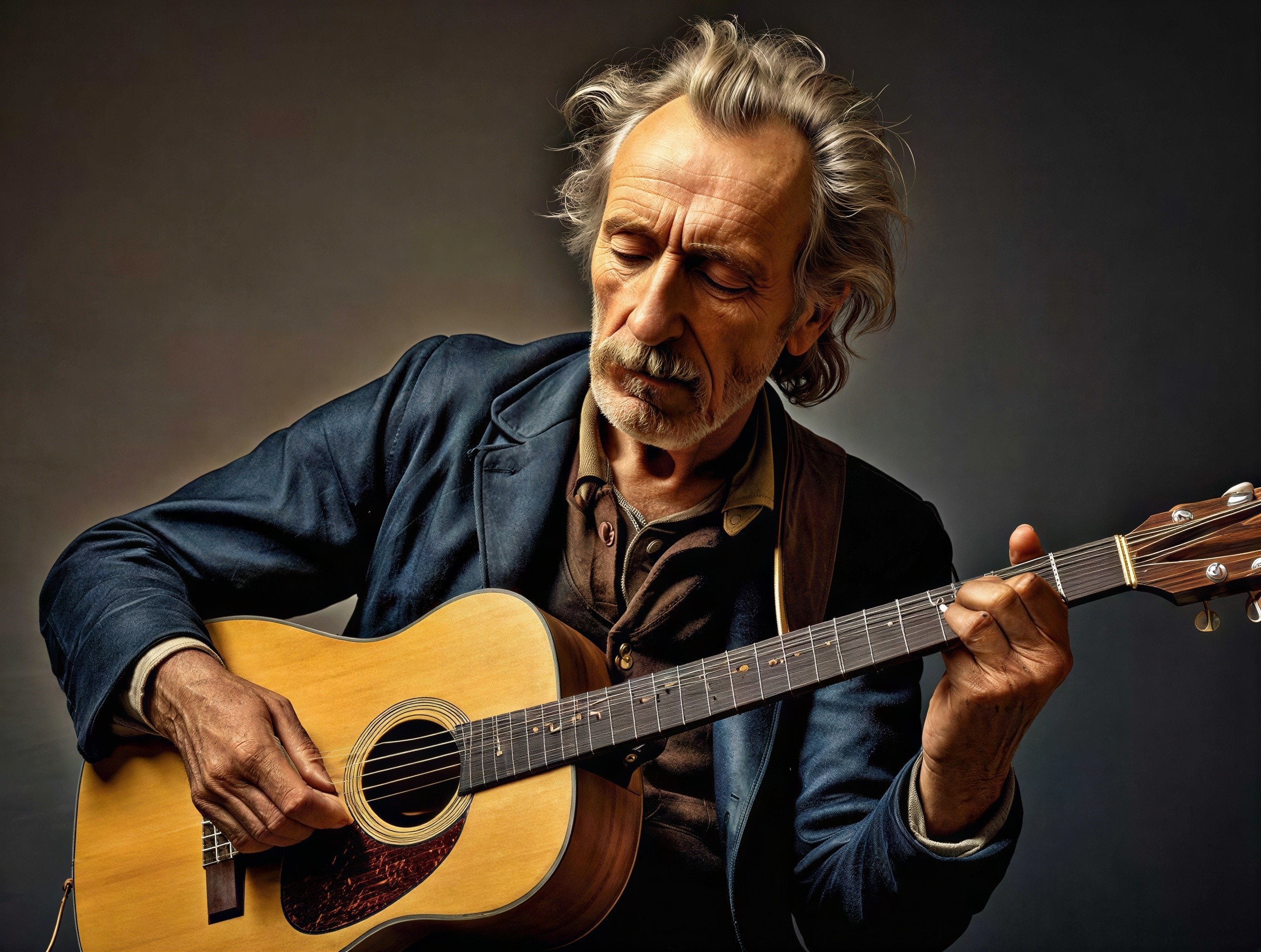 Elderly man playing acoustic guitar in dim light