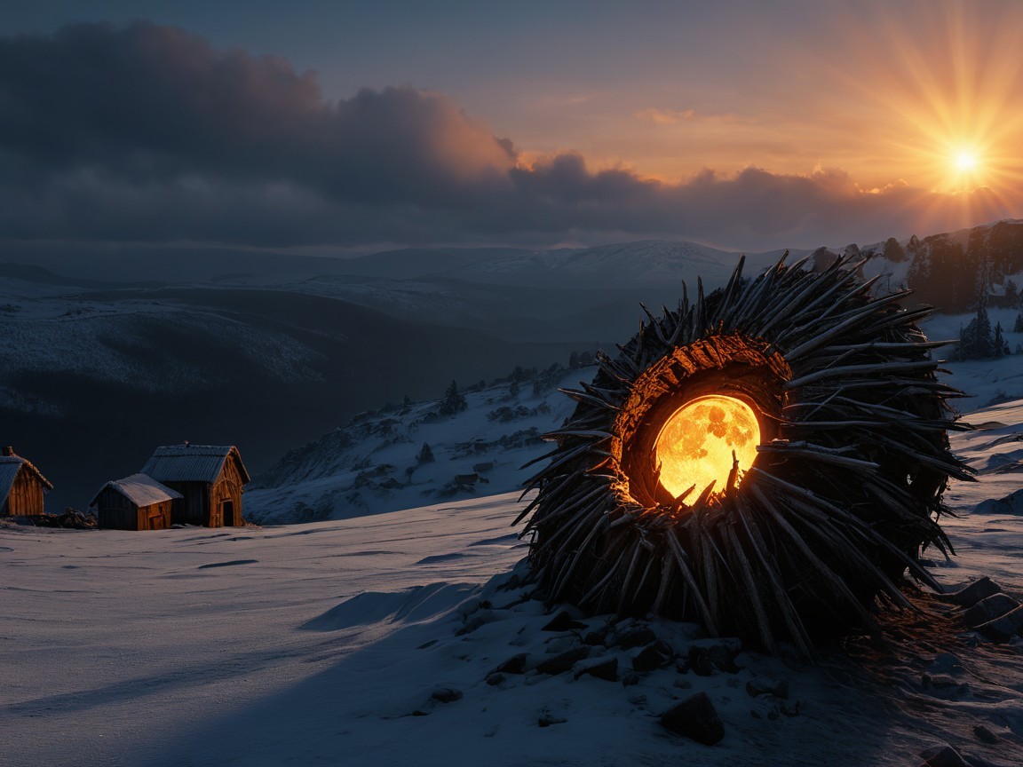 Winter Landscape with Nest Structure and Mountain Sunrise