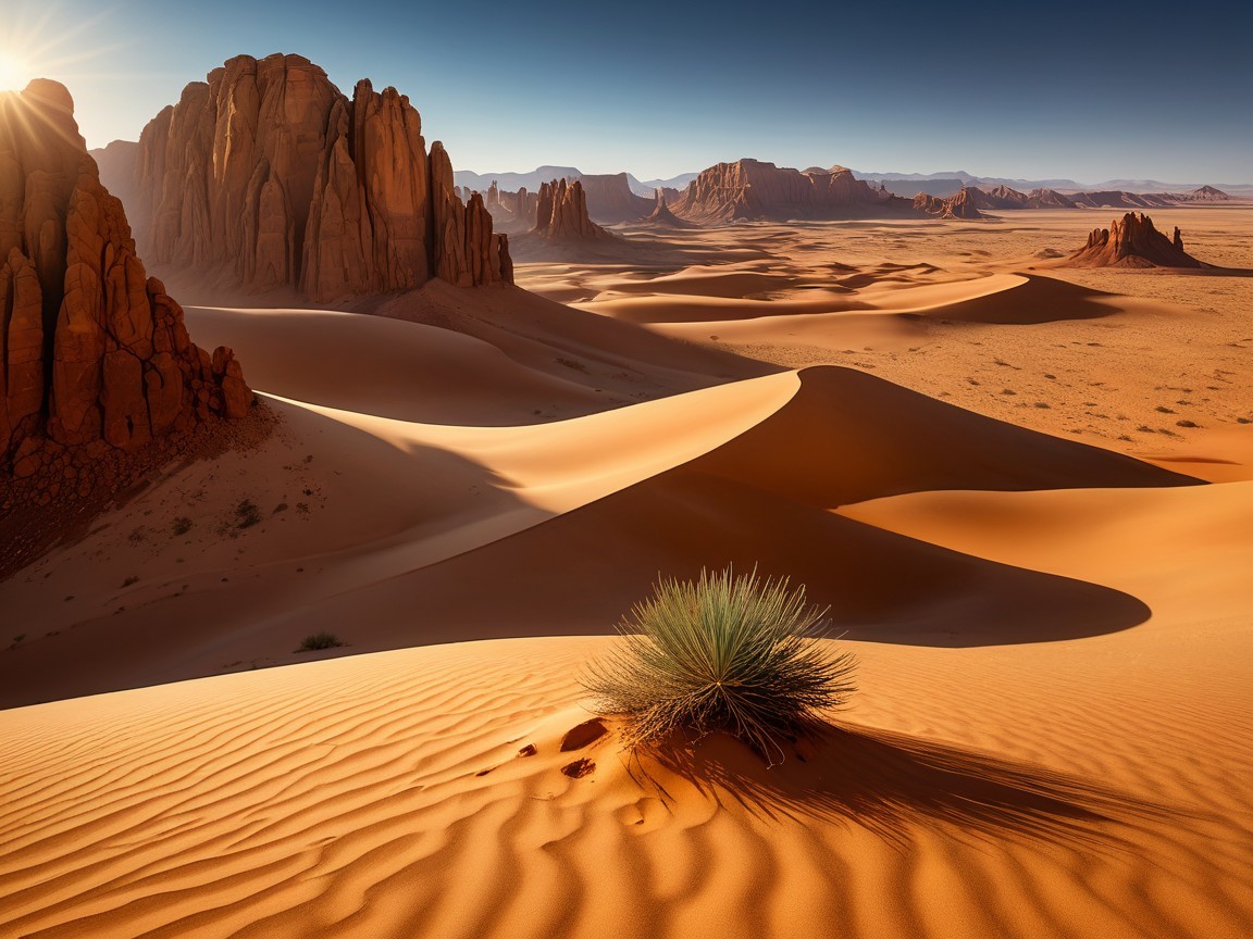 Desert Landscape with Sand Dunes and Rock Formations