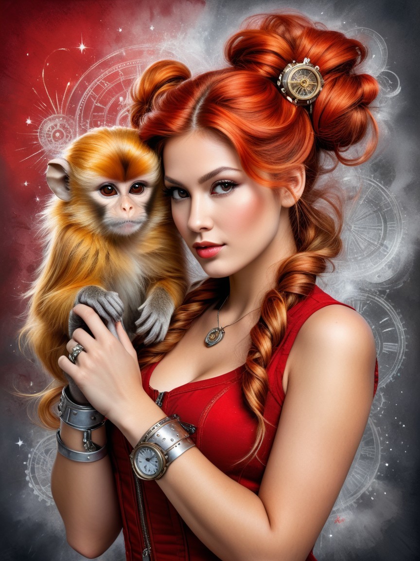 Confident Woman with Red Hair and Golden Monkey