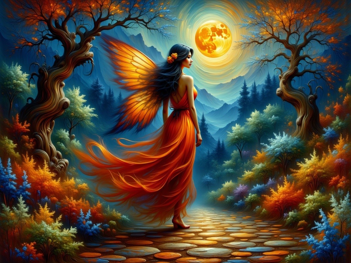 Mystical figure with vibrant wings on a winding path