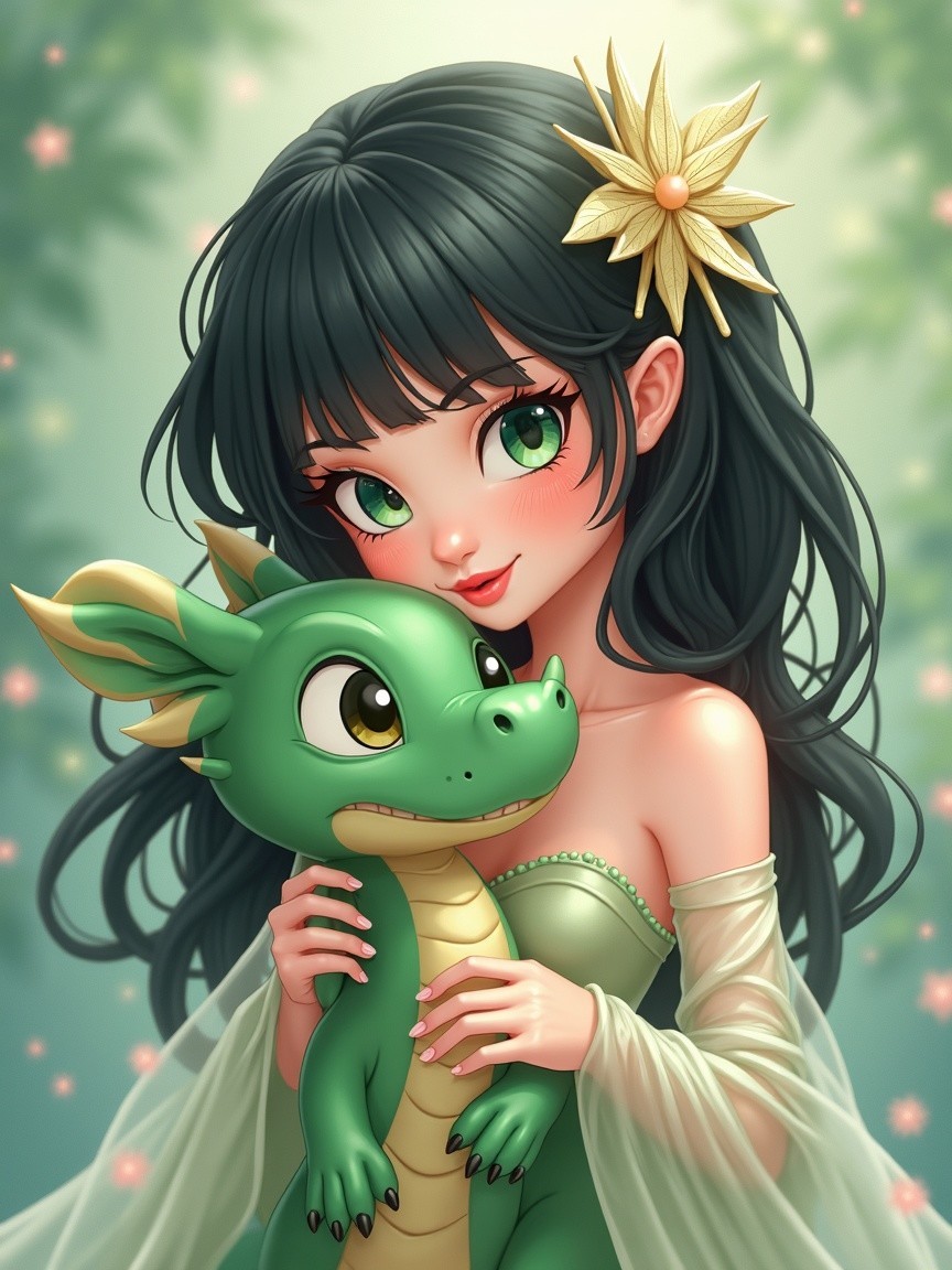 Young girl with dragon in dreamy landscape scene