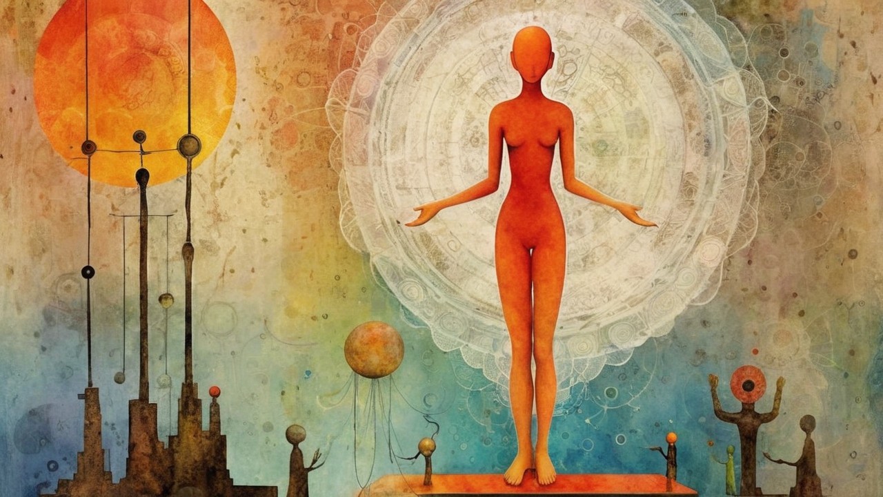 Stylized Orange Figure in Cosmic Dreamlike Landscape