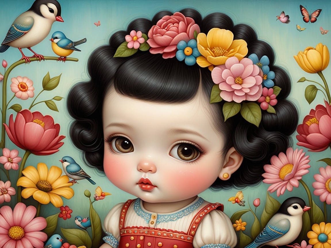 Whimsical Portrait of a Girl with Colorful Flowers