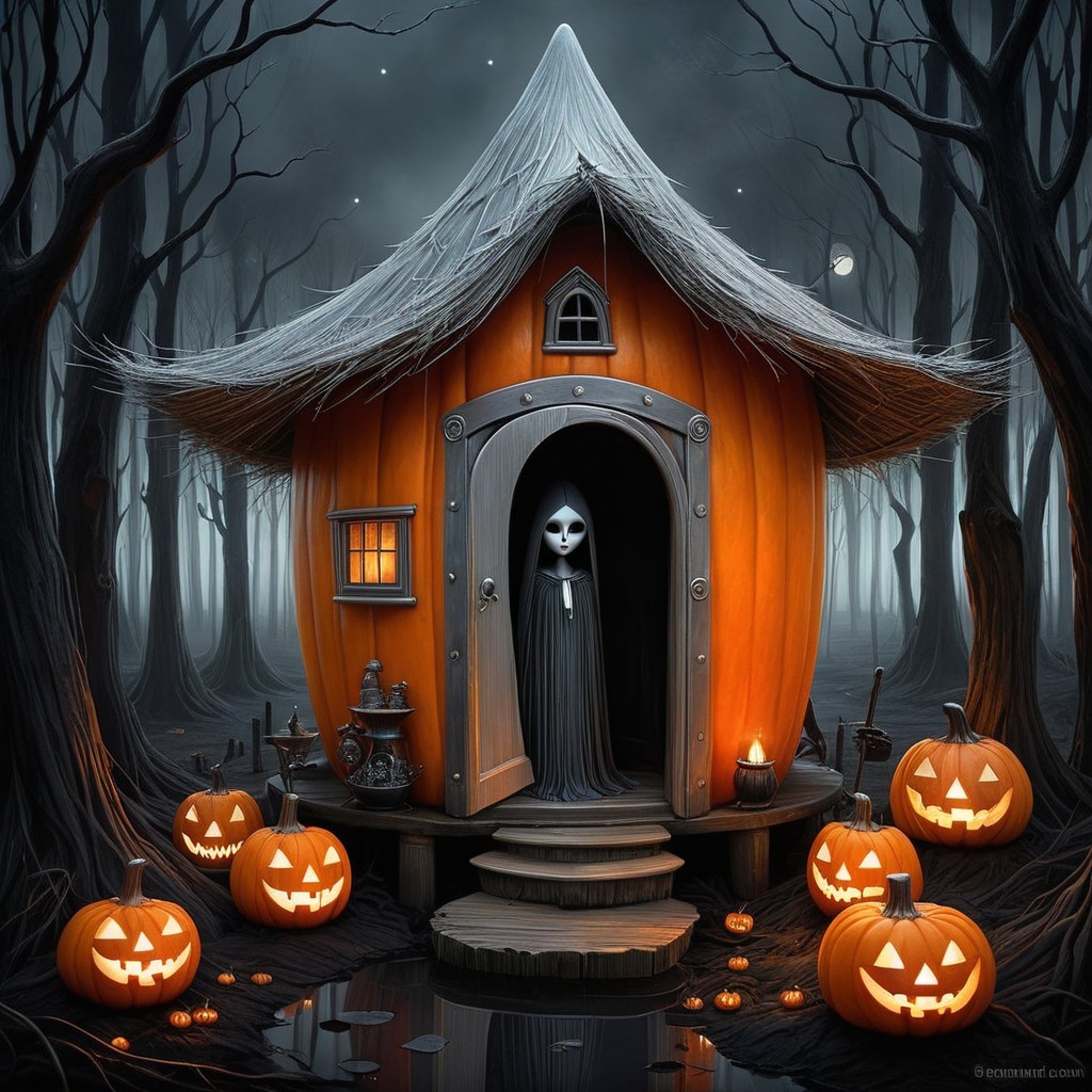 Whimsical Pumpkin House in a Dark Forest at Night