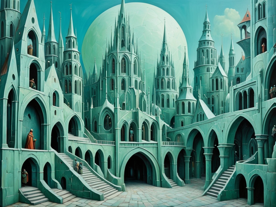 Fantastical cityscape with teal spires and arches