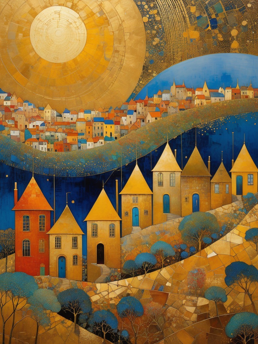 Vibrant Landscape with Whimsical Village and Sun