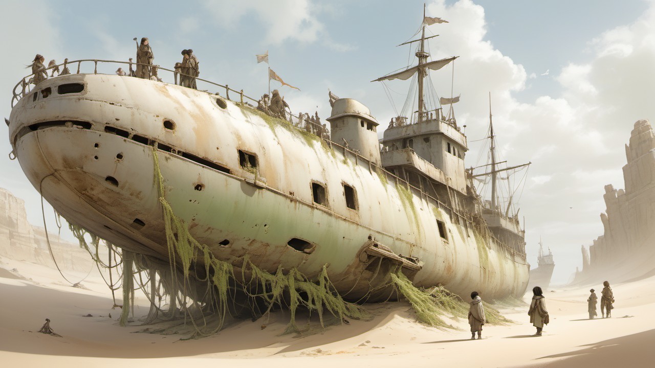 Weathered Ship Half-Buried in Golden Sand Landscape