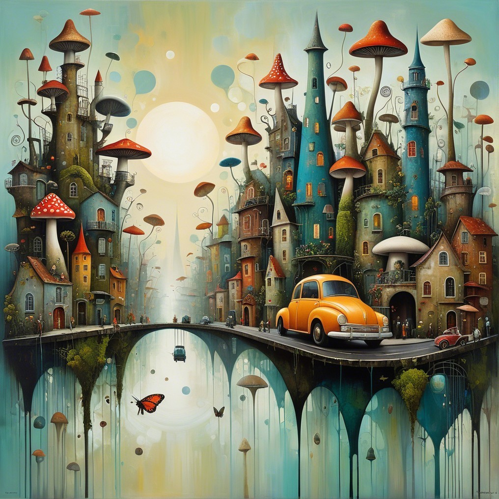 Whimsical Landscape with Colorful Houses and River