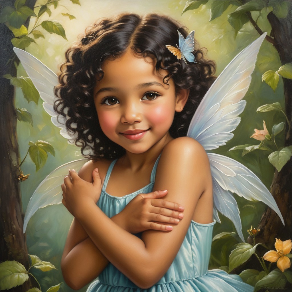 Young girl with fairy wings in a lush forest setting