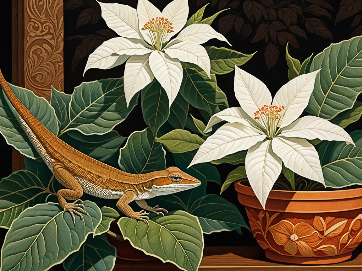 Vibrant Lizard Among Green Leaves and White Flowers