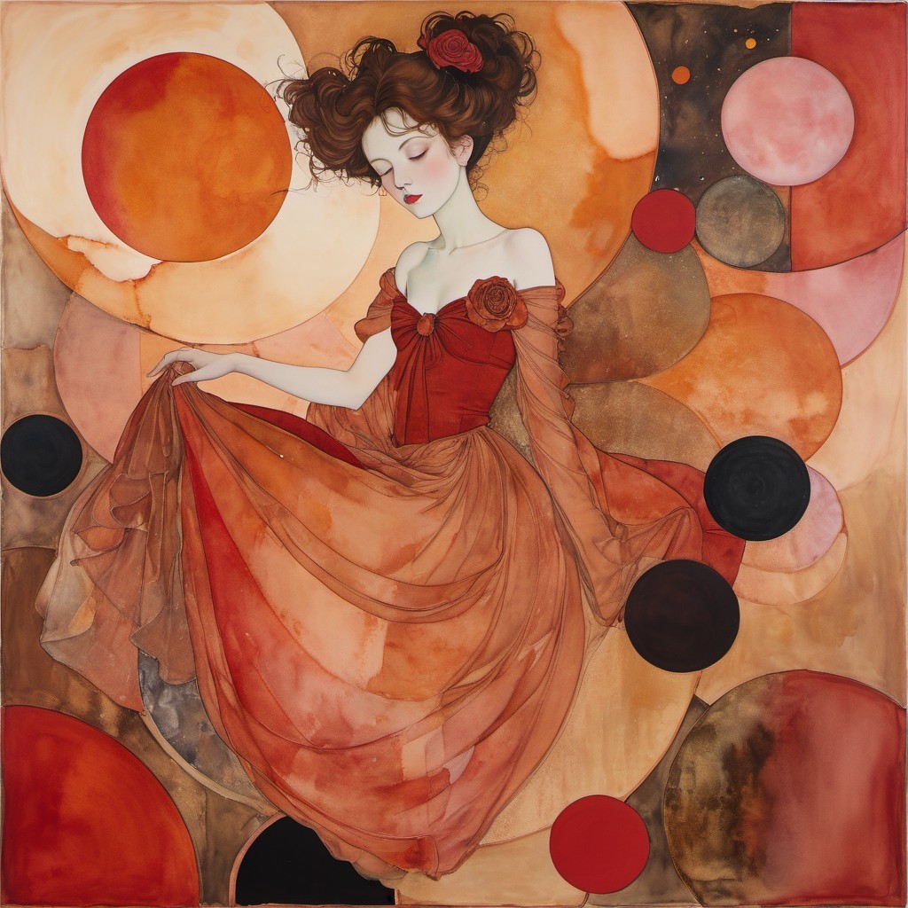 Whimsical Portrait of Woman in Reddish-Brown Gown
