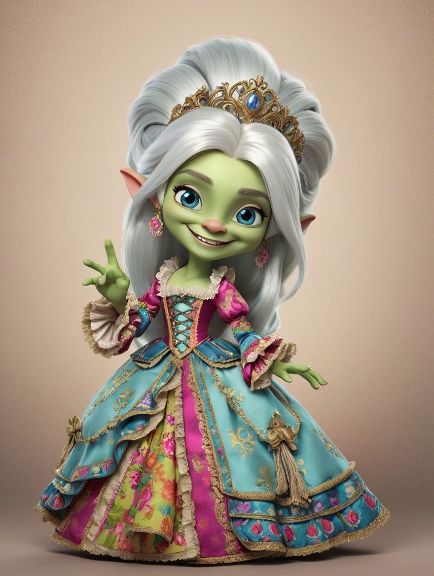 Whimsical Character with Green Skin and Pastel Dress