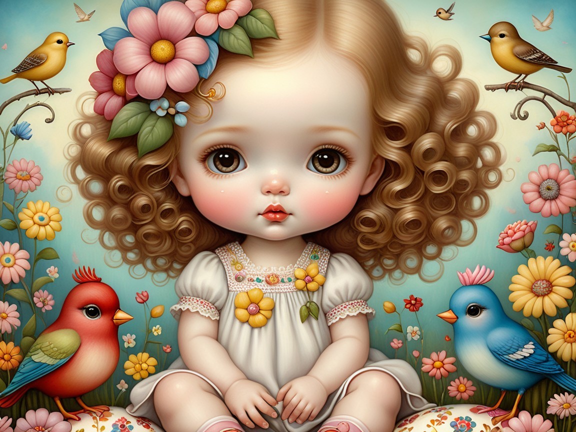Whimsical Illustration of a Girl in Floral Setting