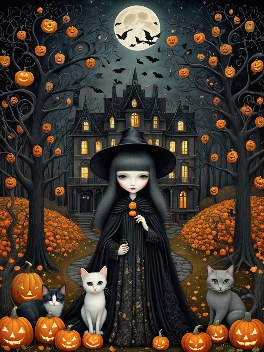 Mystical Halloween Scene with Cats and Pumpkins
