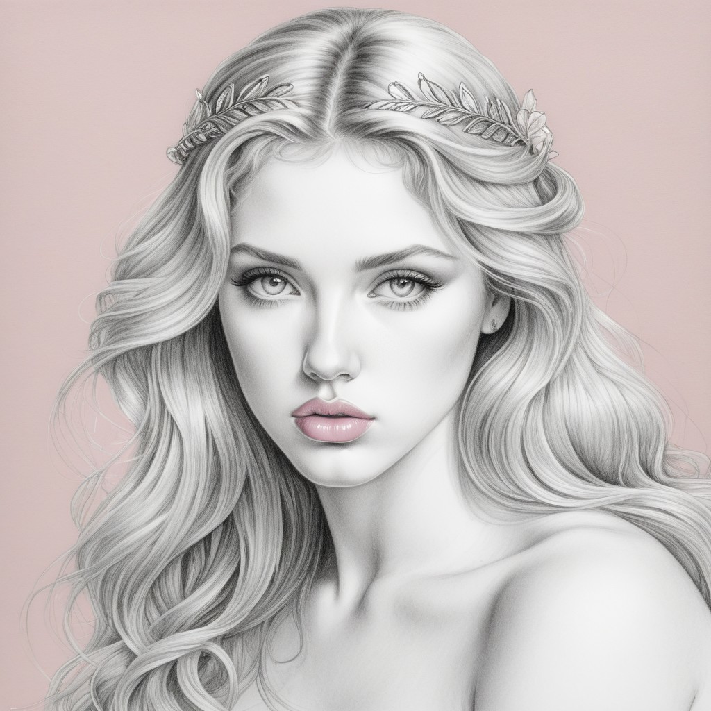 Black-and-white portrait of a young woman with floral crown