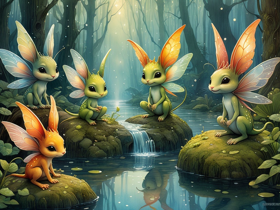 Whimsical Creatures in an Enchanted Forest Scene