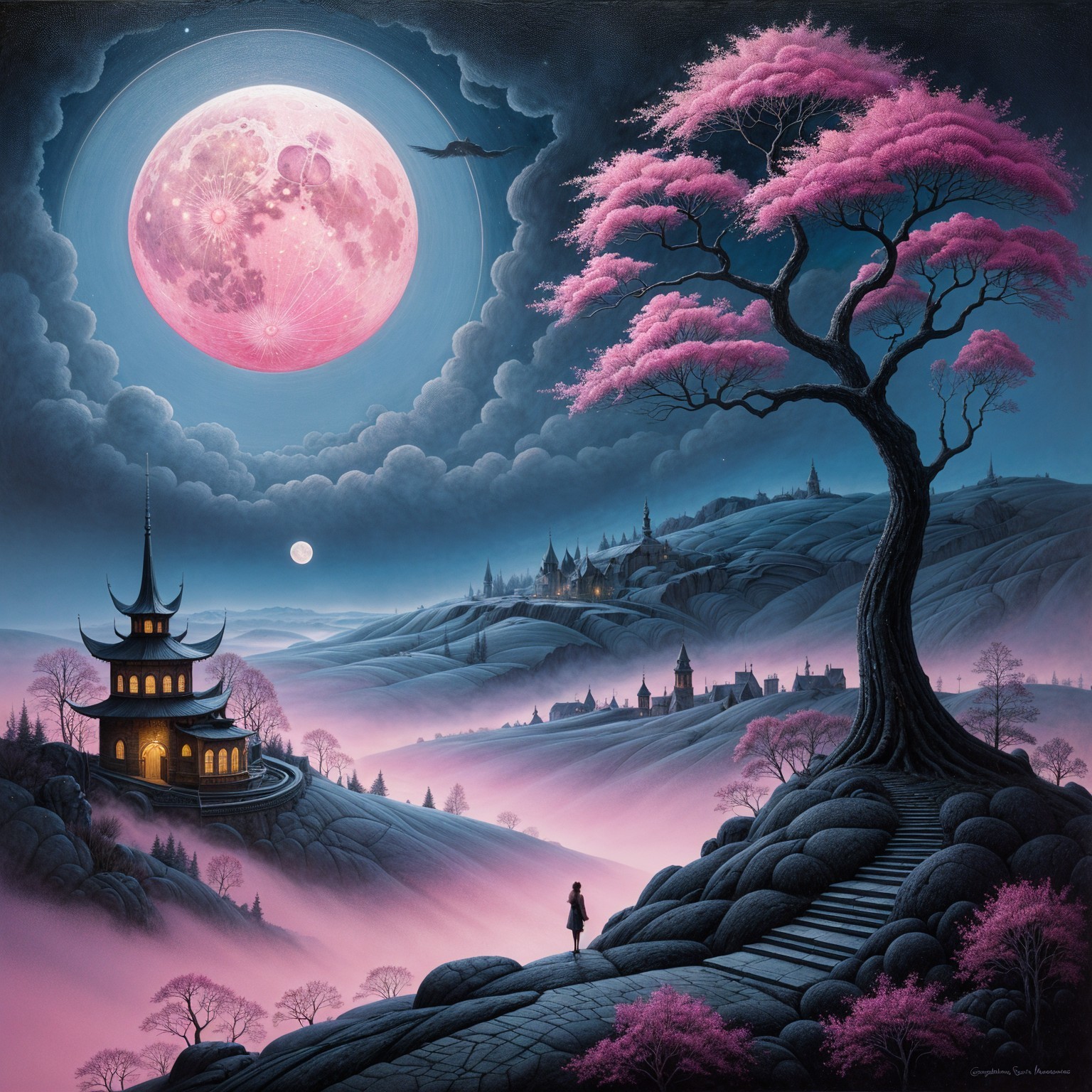 Serene Landscape with Pagoda Under Full Moon