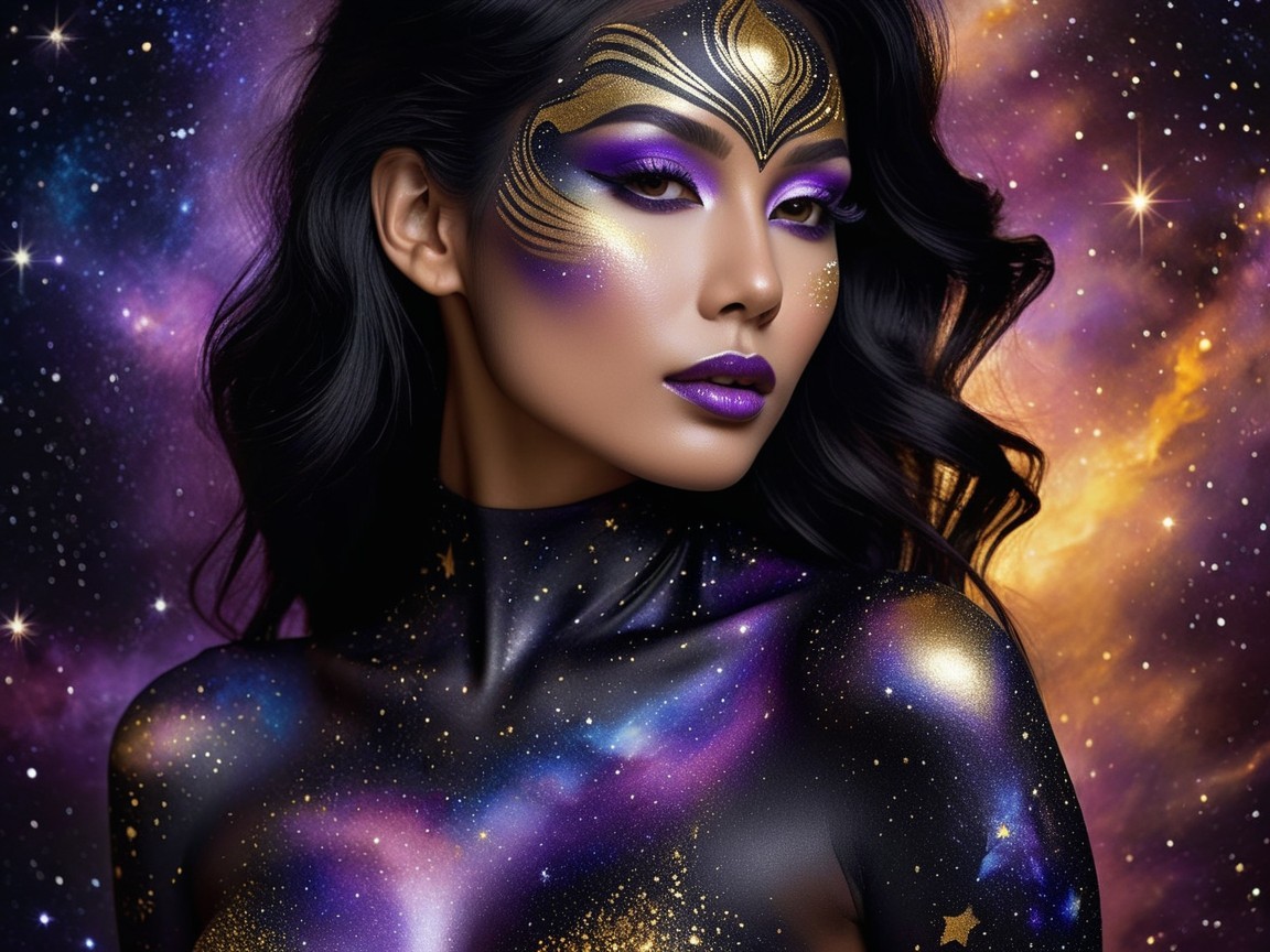 Cosmic Body Paint Portrait with Celestial Theme
