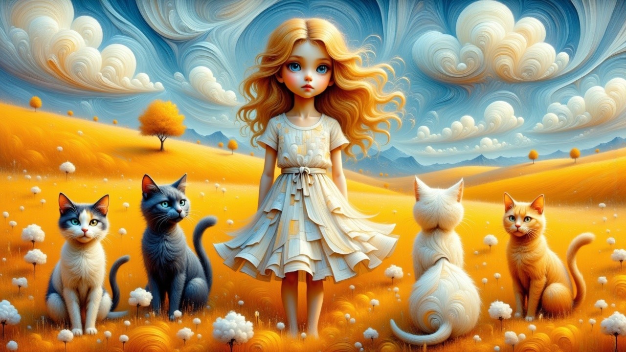 Young girl in golden field with four charming cats