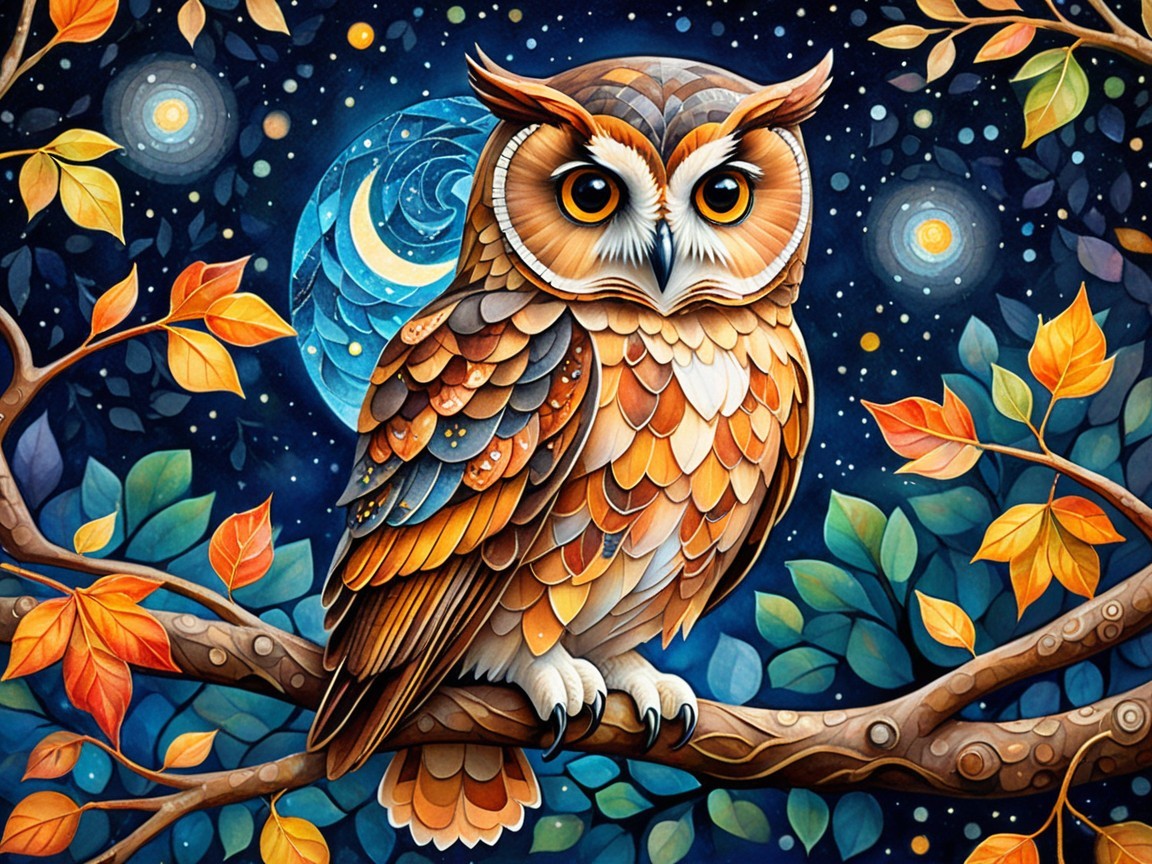 Owl on Branch Amidst Autumn Leaves and Night Sky