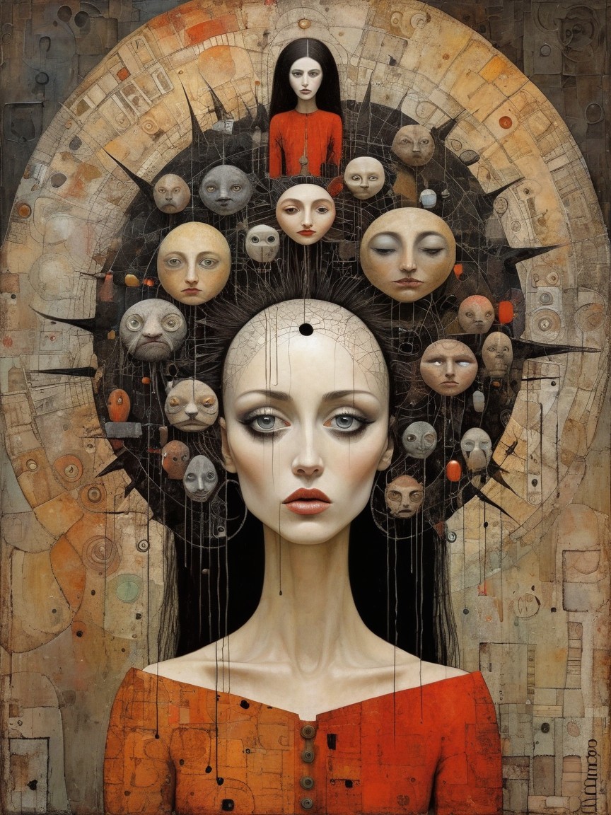 Surreal Artwork with Central Figure and Abstract Faces