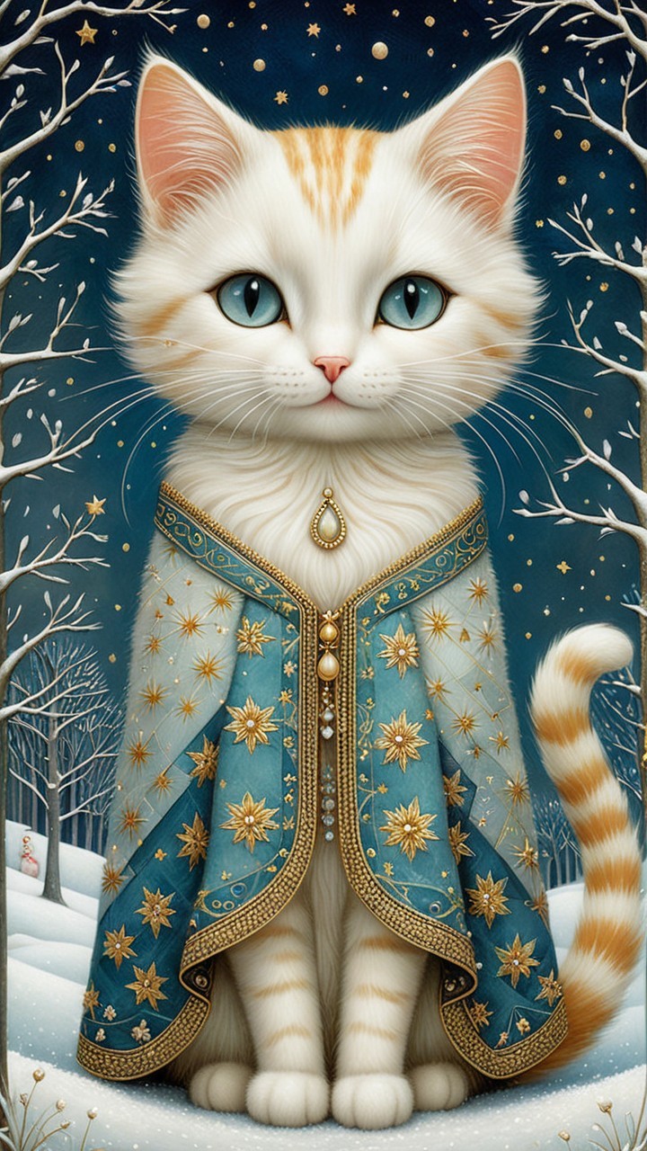 Illustrated Cat in Cloak Against Starry Night Background