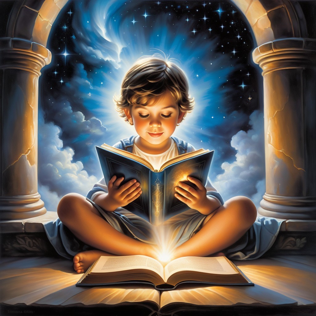 Child immersed in a glowing book under starry sky