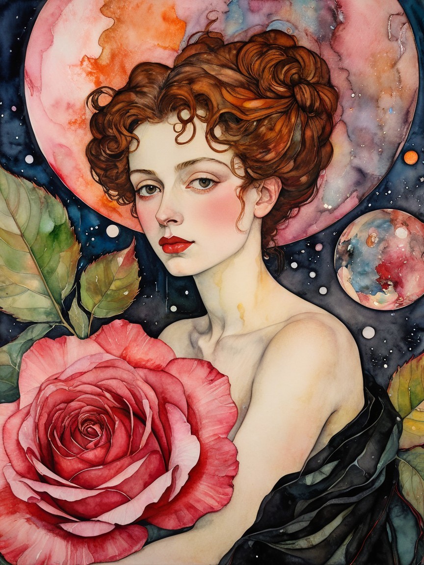 Woman with Curly Hair and Pink Rose in Celestial Scene