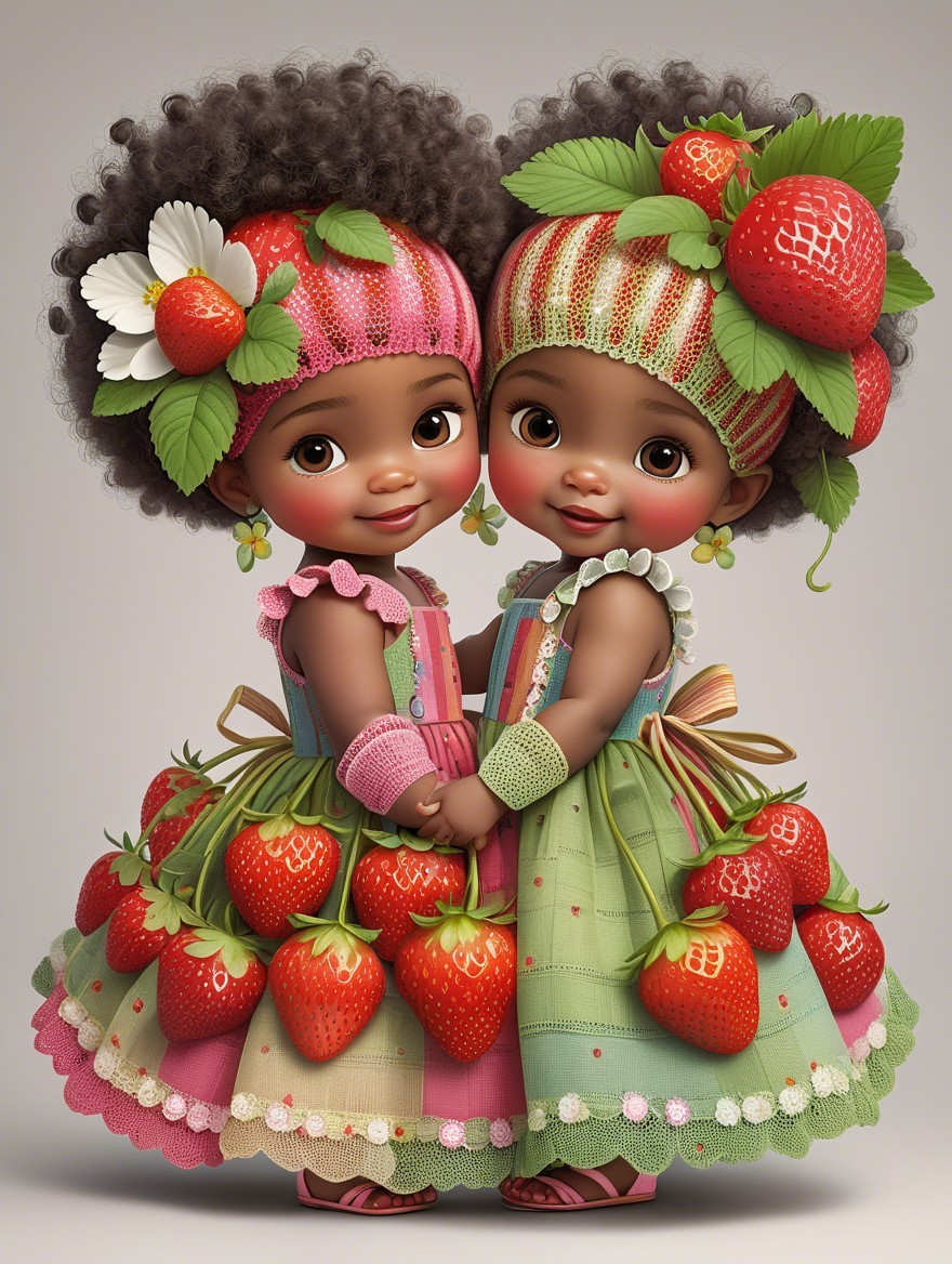 Cartoon Girls in Strawberry Dresses with Cheerful Expressions