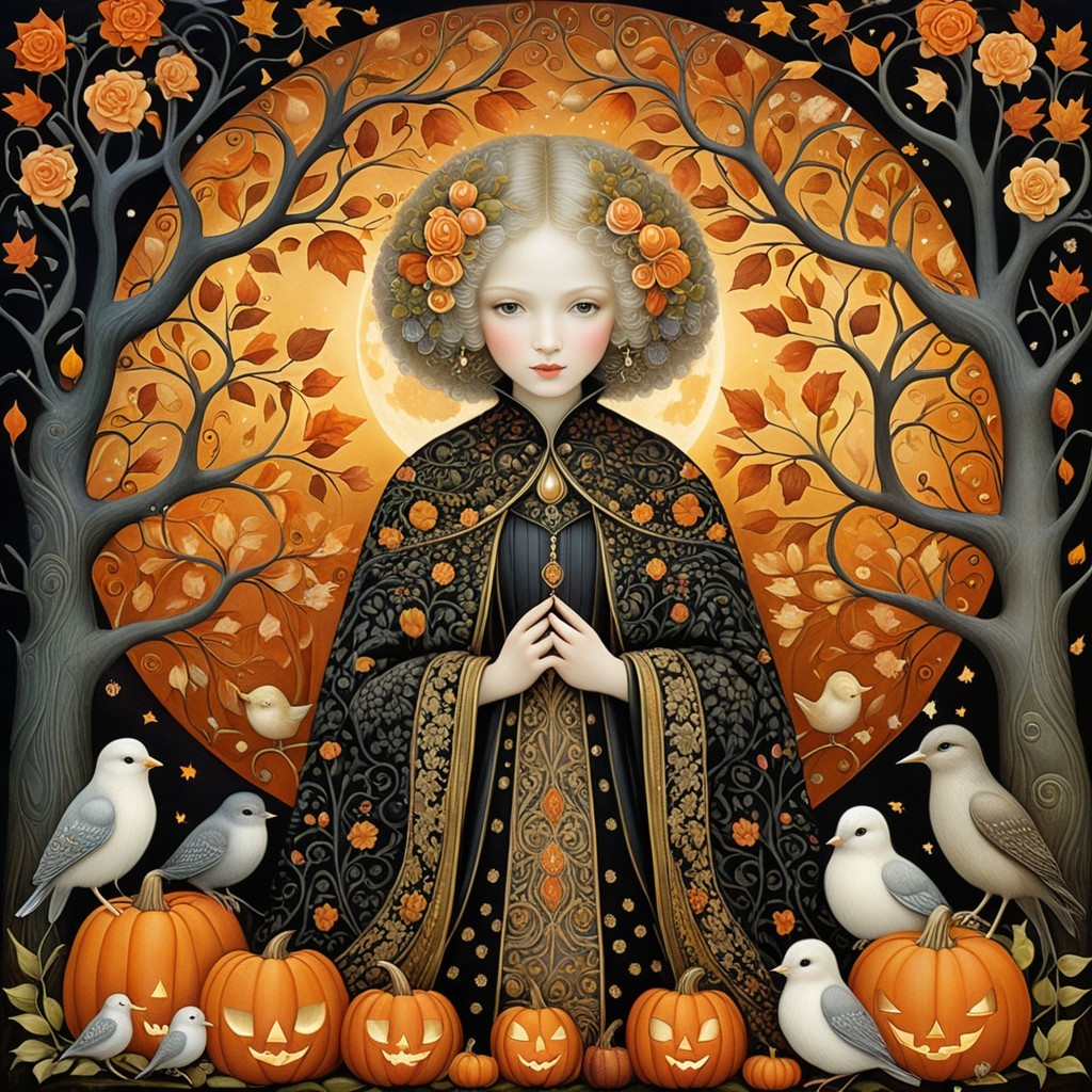 Serene Figure in Black Cloak Amidst Autumn Scene
