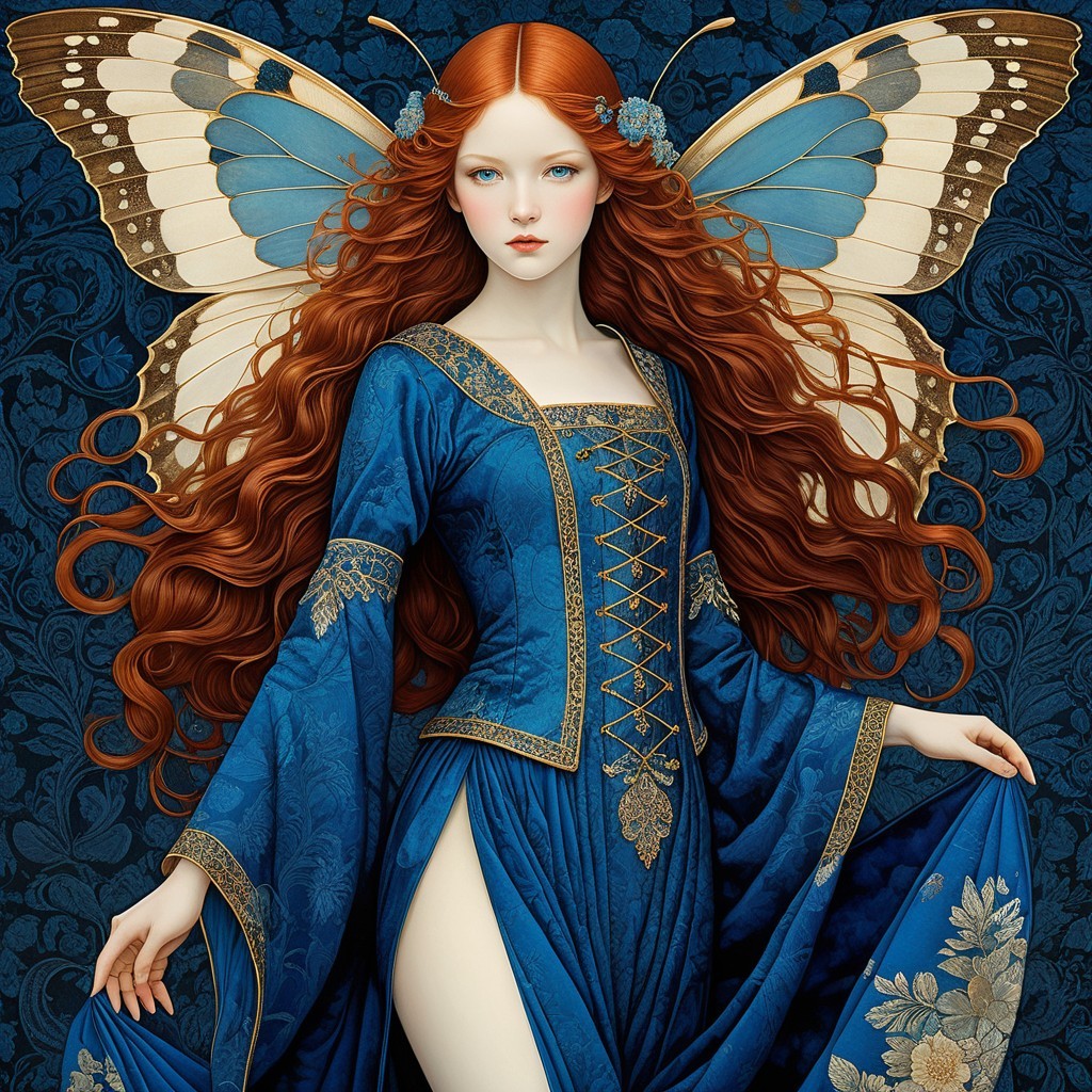 Elegant Woman in Blue Gown with Butterfly Wings