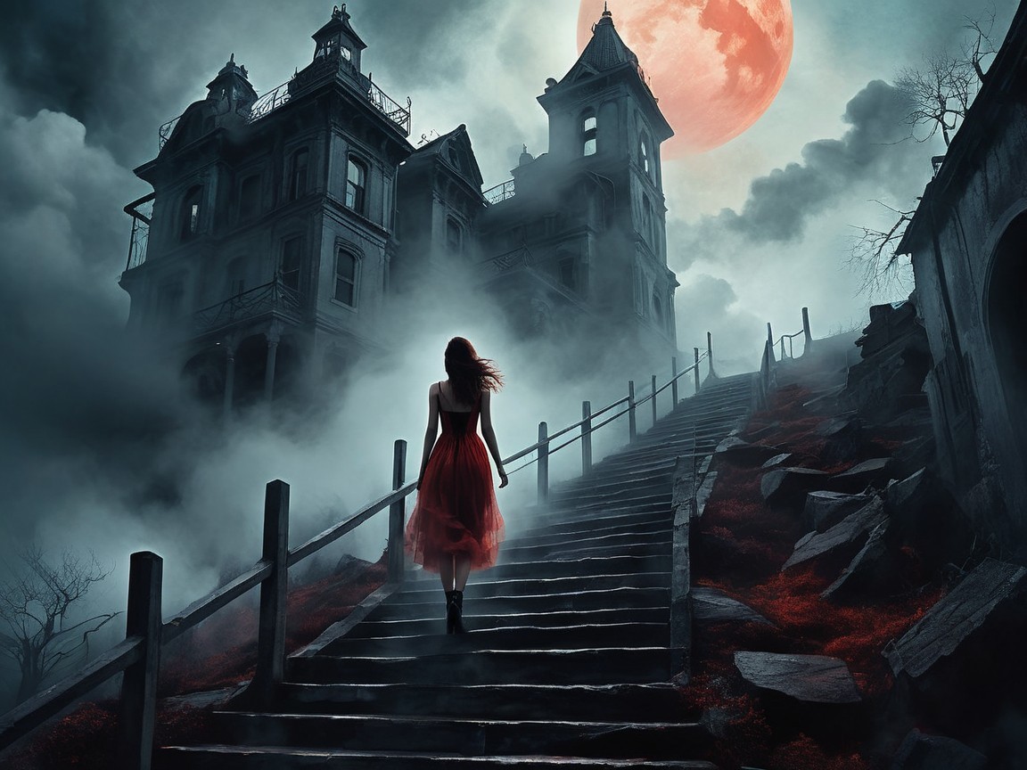 Mysterious figure in red dress approaches gothic mansion