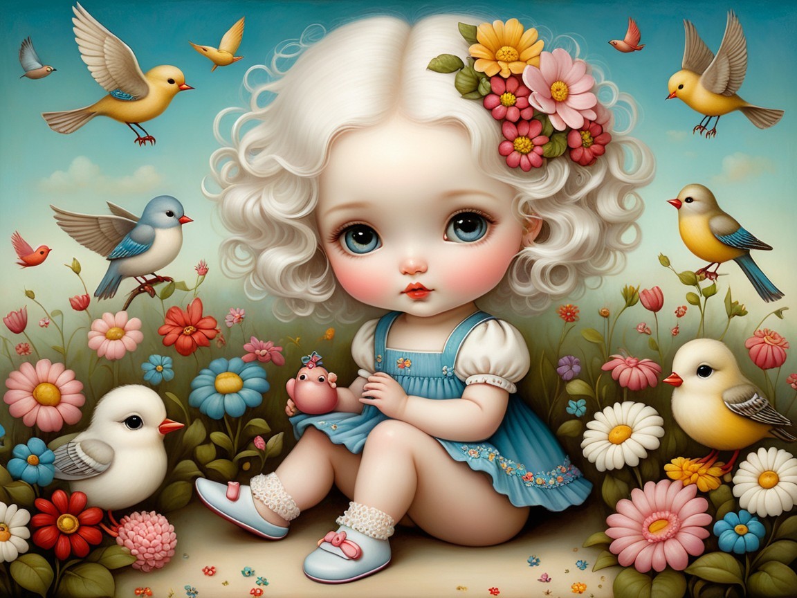 Whimsical Garden Scene with Doll-Like Girl and Birds