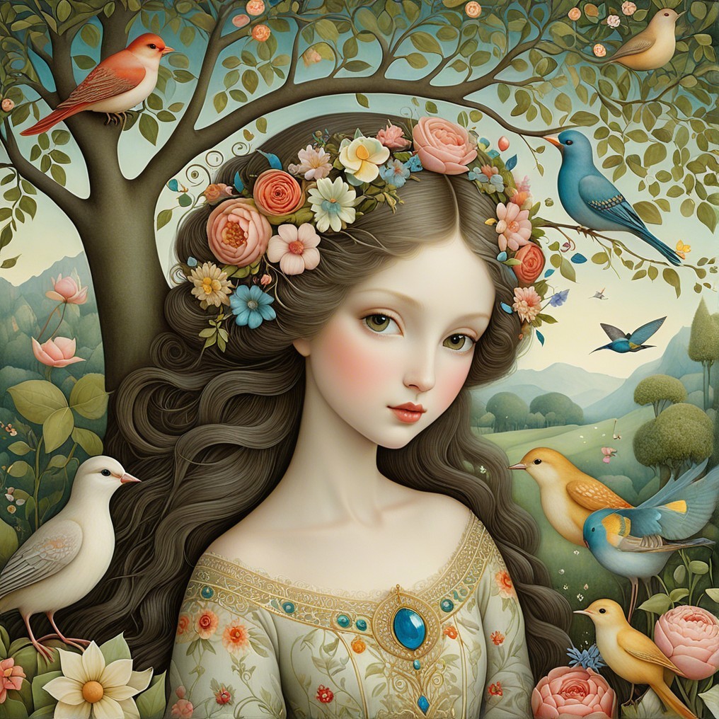 Serene Young Woman with Floral Crown in Nature Setting