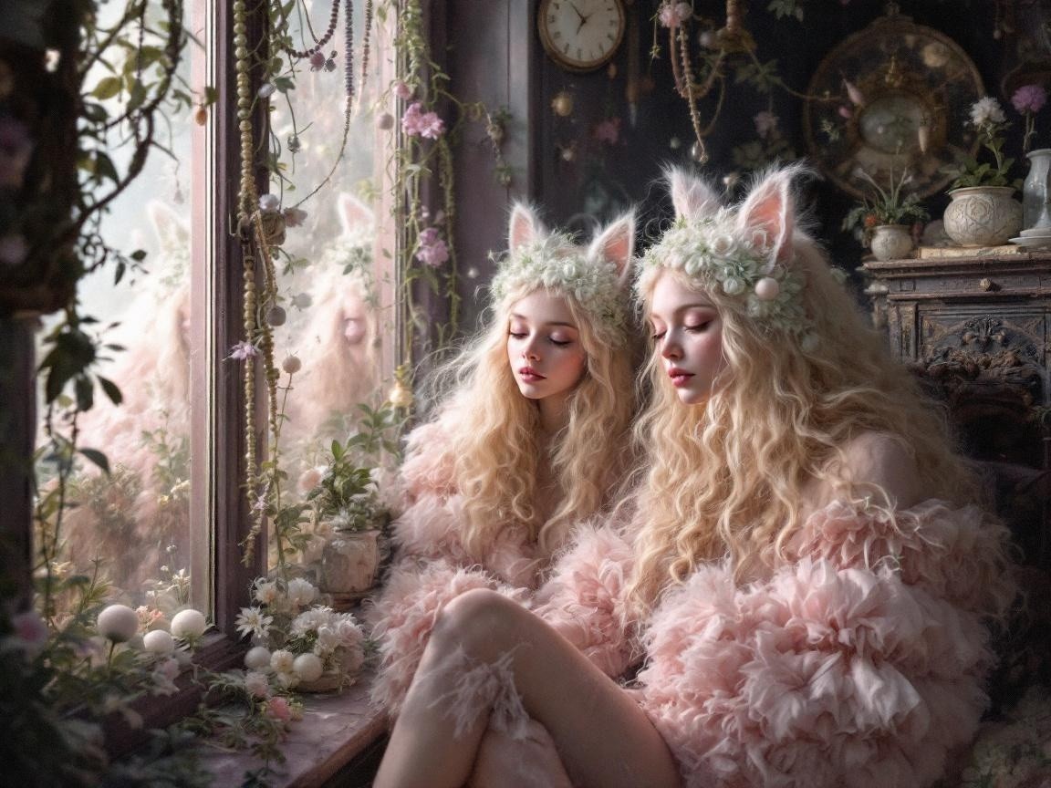 Ethereal Figures in Floral Adornments by a Window