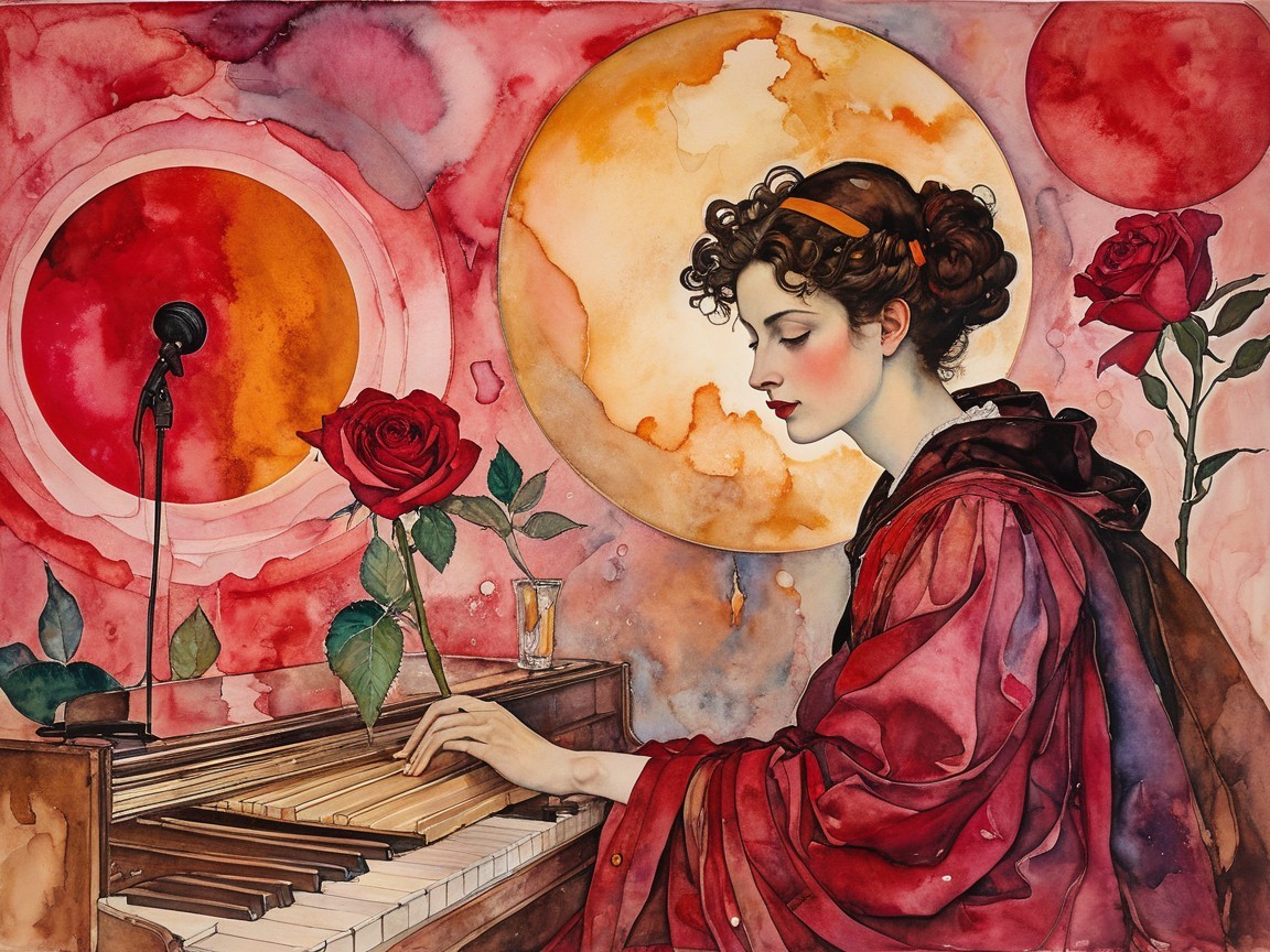 Elegant Woman in Red Robe Playing Grand Piano