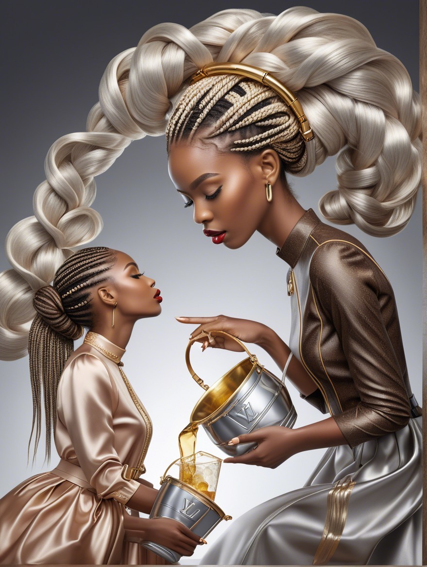 Elegant Women with Intricate Hairstyles and Fashionable Attire
