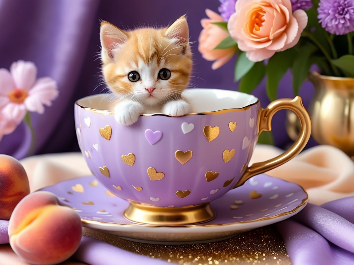Orange-and-white kitten in lavender teacup scene