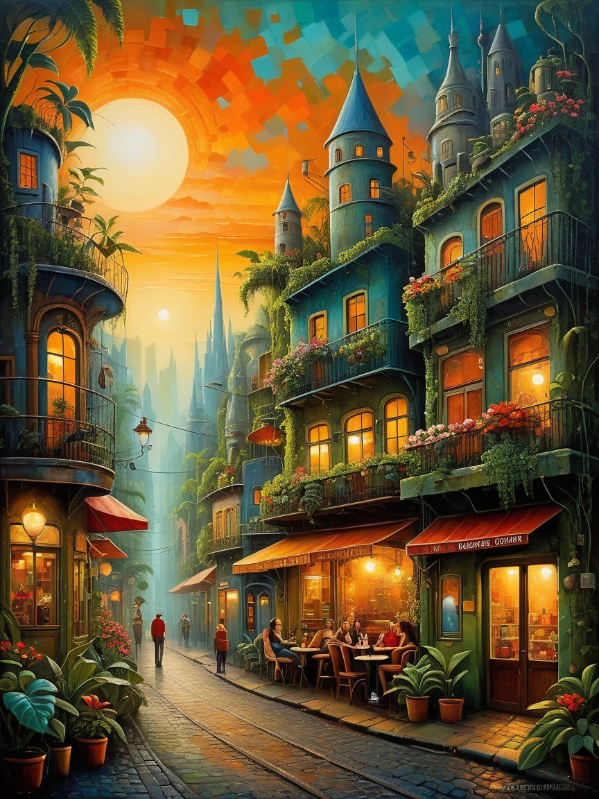 Whimsical street scene with vibrant buildings and greenery