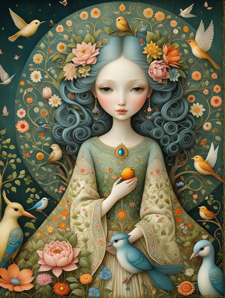 Serene Woman with Blue Hair in Floral Surroundings