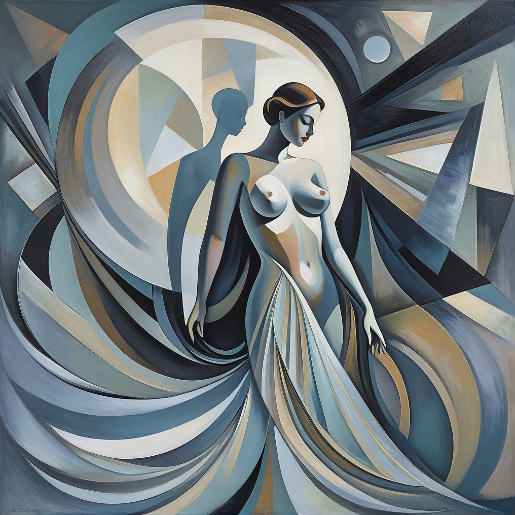 Stylized Female Figure with Shadowy Male Silhouette