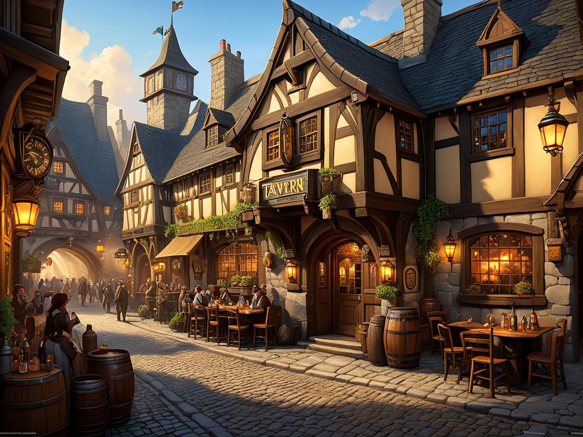 Medieval Tavern Scene with Cobblestone Street and Lanterns