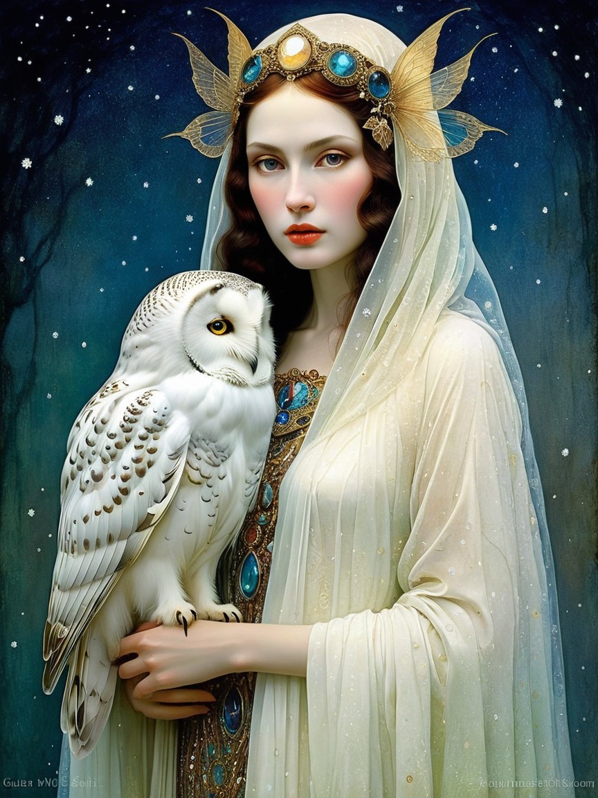 Mysterious Figure in White Gown with Snowy Owl