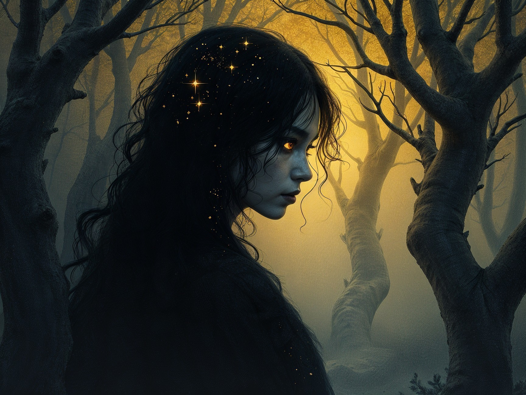 Mystical forest scene with a young woman in profile